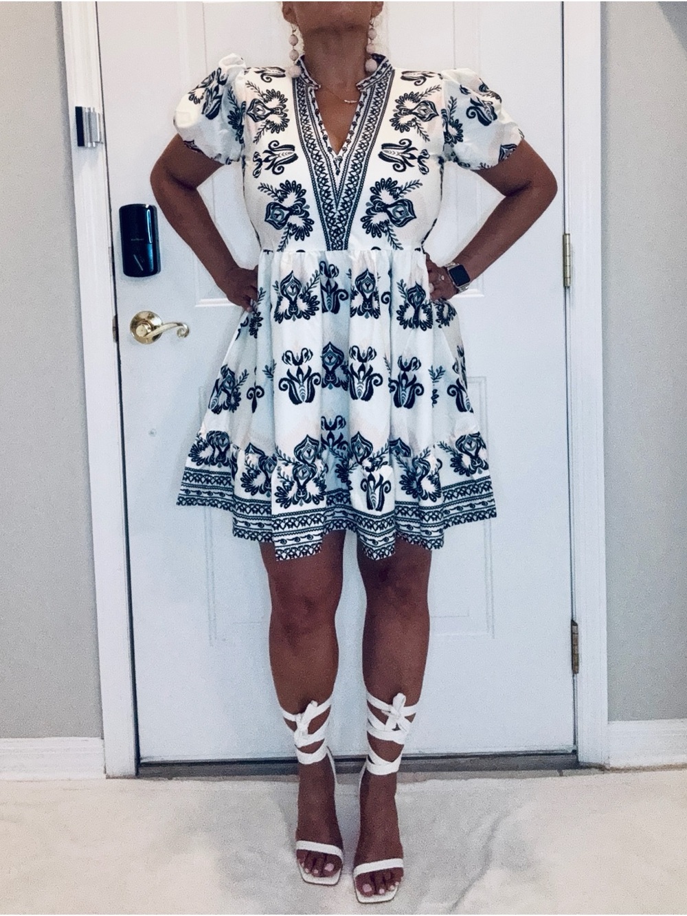 SHEIN White Mini Dress with Navy Floral Embroidery